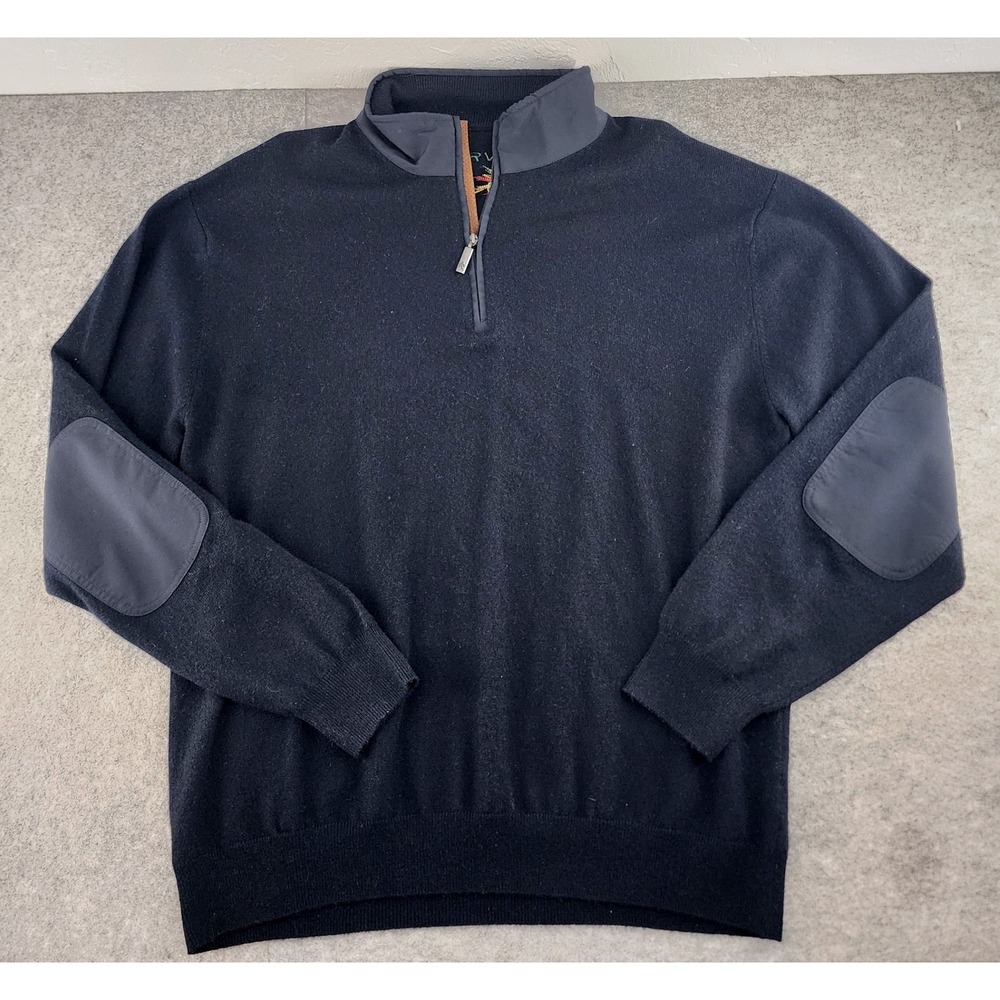 Orvis XL Navy Blue Wool Cashmere Elbow Patch Quarter Zip Sweater Mens
